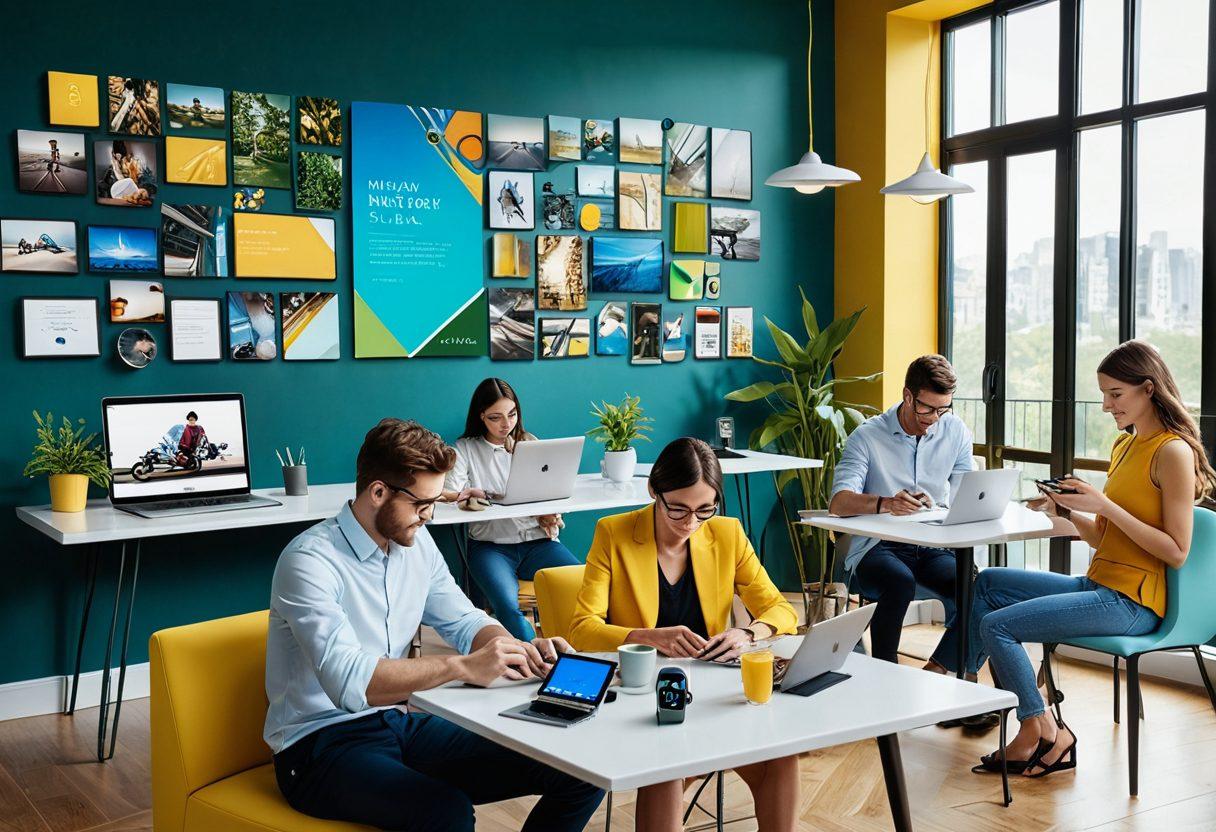 A vibrant collage of modern lifestyle elements intertwined with cutting-edge tech gadgets, such as smartwatches, drones, and futuristic home devices. Showcase a diverse group of people happily using technology in everyday settings like cafes, parks, and home offices. Emphasize a sense of connection, creativity, and innovation. Include a bright, tech-inspired color palette for a dynamic feel. super-realistic. vibrant colors. 3D.