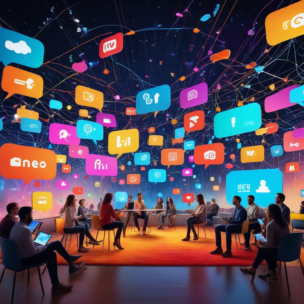 A dynamic digital landscape featuring diverse individuals engaged in lively discussions around modern technology, with vibrant icons representing social media, gadgets, and digital art swirling around them. Highlight a warm community atmosphere with twinkling lights and colorful speech bubbles. Infuse a sense of connectivity with elements like Wi-Fi signals and network lines. 3D. vibrant colors. modern art.